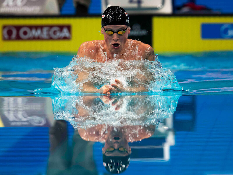 Breaststroke pull: front shot of a swimmer with his head out of the water